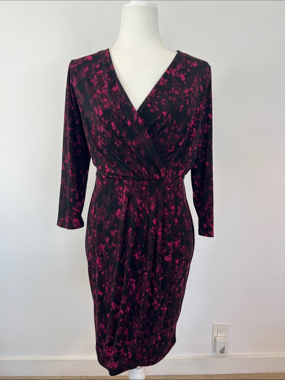 Tahari Women’s Black Dress with Deep Pink Floral Print - Elegant Wrap Style